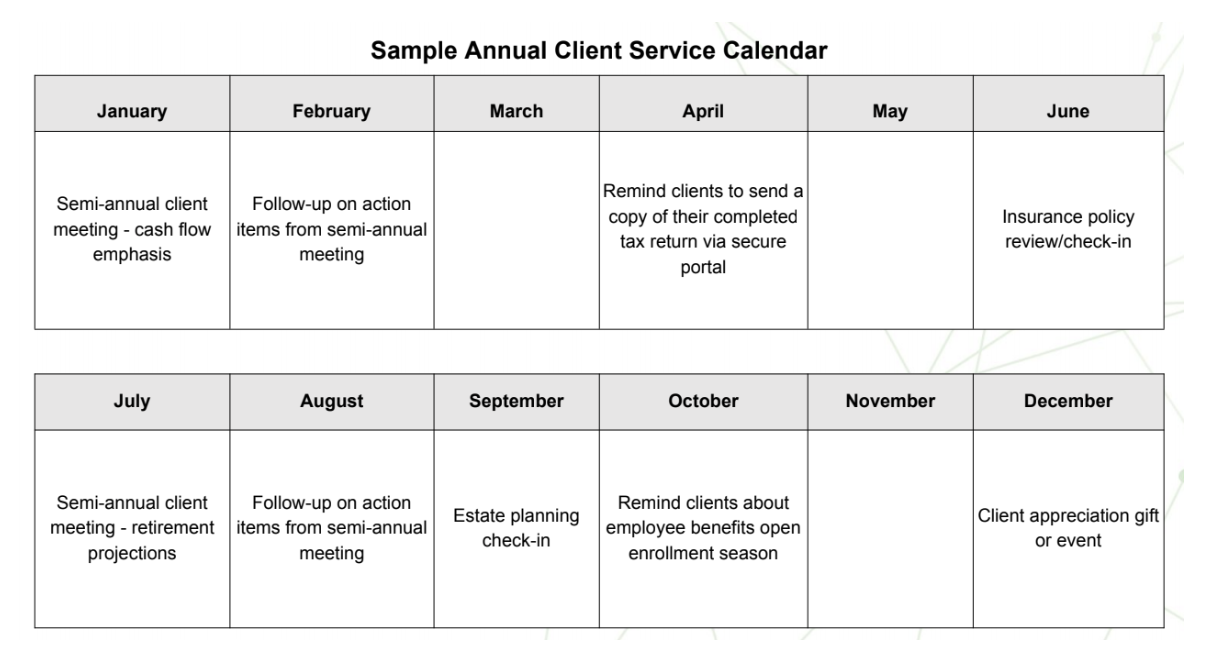 Sample Annual Client Service Calendar