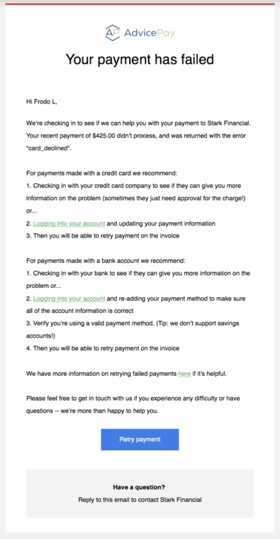 payment failed email 