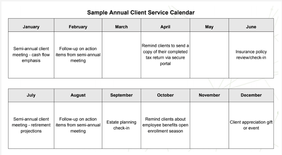 sample client service calendar